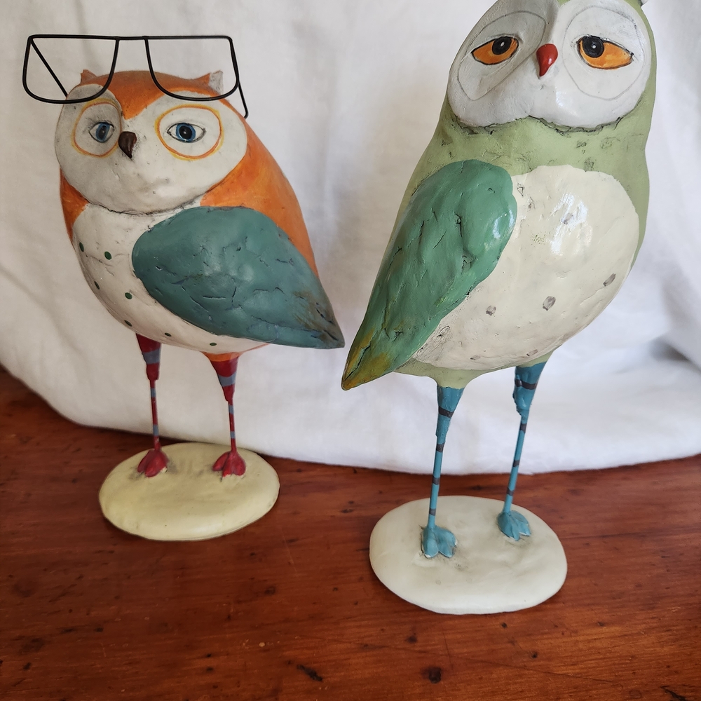 Colorful Owl Sculptures - Orange and Green